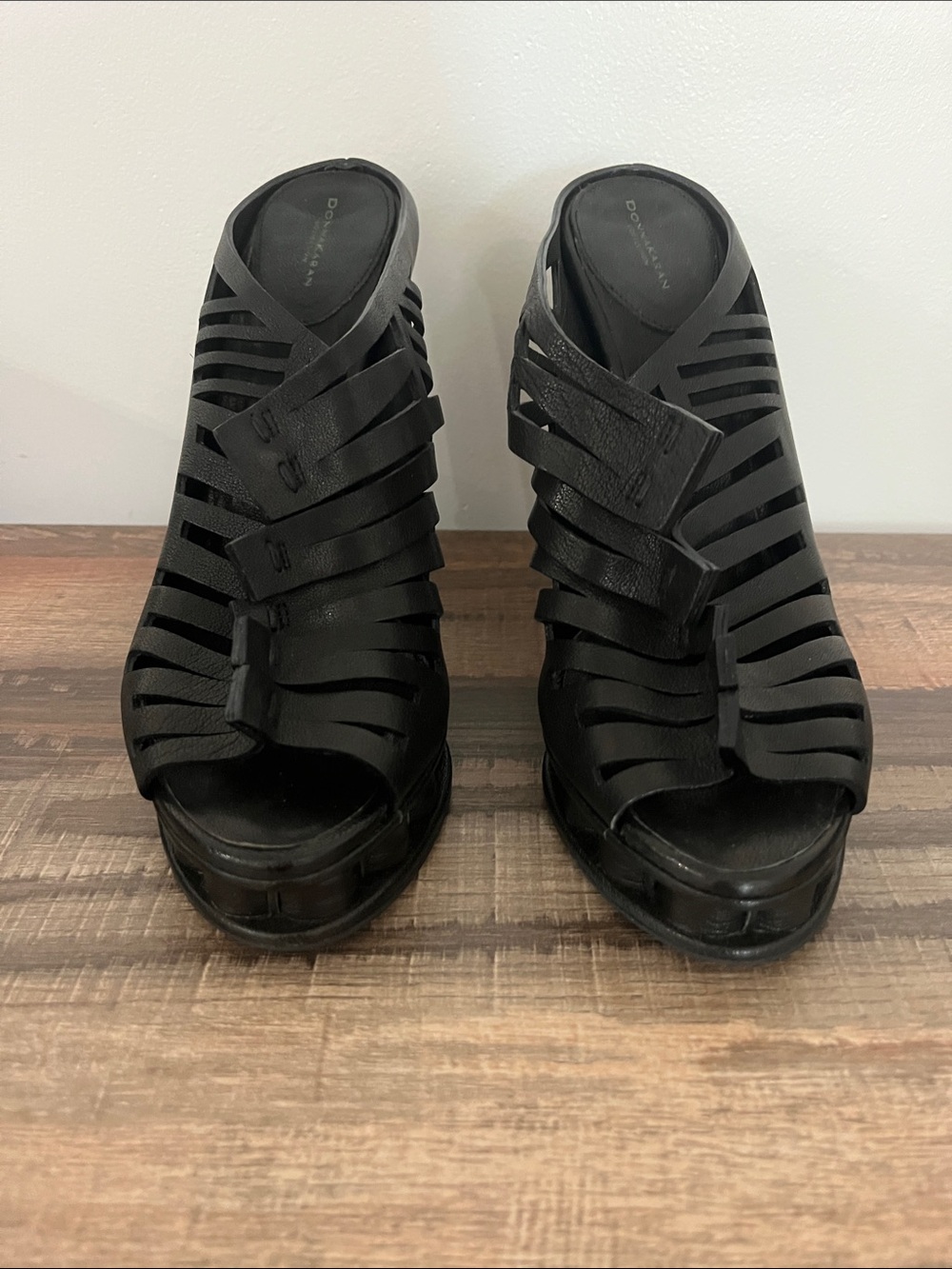 Donna Karan Black Strappy Wedge Sandals
